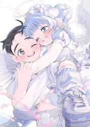 Rule 34 | 1boy, 1girl, ahoge, angel, angel wings, apron, bandage on knee, black hair, blue dress, blue eyes, blue footwear, blue hair, blue socks, blunt bangs, blurry, blurry foreground, blush, commentary request, cross hair ornament, depth of field, dot nose, double bun, dress, face-to-face, floating clothes, floating hair, frilled apron, frills, gloves, hair bun, hair ornament, hairpin, halo, hand on another&#039;s hand, heart, heart hair ornament, highres, hug, legs together, light blue hair, looking at another, loose socks, maid apron, maid headdress, midriff peek, miharu (wolrero), mole, mole under eye, nichijou kamoshirenai, one eye closed, original, pants, parted lips, pink petals, puffy short sleeves, puffy sleeves, rabbit hair ornament, shirt, short hair, short sleeves, sidelocks, signature, sitting, smile, socks, sora (wolrero), standing, striped clothes, striped socks, t-shirt, tareme, thick eyebrows, white apron, white background, white footwear, white gloves, white halo, white pants, white shirt, white socks, white wings, wings, wolrero