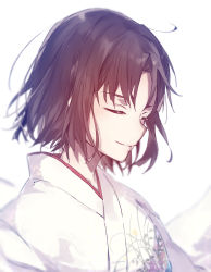 Rule 34 | 1girl, ahoge, closed eyes, eyebrows hidden by hair, fate/grand order, fate (series), highres, japanese clothes, kimono, ryougi shiki, shigure (shigure 43), short hair, simple background, smile, solo, type-moon, upper body, white background, white kimono