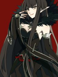 Rule 34 | 1girl, bare shoulders, black hair, breasts, choker, cleavage, detached sleeves, dress, fate/apocrypha, fate (series), frills, fur, grey eyes, long hair, open mouth, pointy ears, red background, semiramis (fate), solo, very long hair