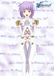 Rule 34 | 1girl, ar tonelico, ar tonelico iii, bodysuit, braid, enja redloner, flat chest, gust, hair ornament, highres, music, own hands clasped, own hands together, purple eyes, purple hair, short hair, singing, solo, tilia (ar tonelico), twin braids