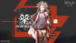 Rule 34 | anmi, arknights, artist name, blush, brown hair, brown thighhighs, capelet, character name, coat, dress, eyjafjalla (arknights), floating hair, gas mask, goggles, grey dress, headphones, headphones around neck, highres, holding, holding staff, horns, logo, long hair, long sleeves, looking at viewer, mask, mask around neck, official art, open clothes, open coat, purple eyes, sheep horns, sidelocks, solo, staff, thighhighs, torn clothes, torn coat, torn dress, watermark, white capelet, white coat, wool