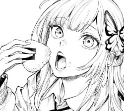 Rule 34 | 1girl, butterfly hair ornament, close-up, collared shirt, eating, eyebrows hidden by hair, food, food on face, greyscale, hair ornament, holding, holding food, iro marimo, looking at viewer, monochrome, onigiri, open mouth, original, rice, rice on face, shirt, solo