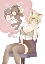 0nanaten 3girls :d absurdres alternate_costume animal_ear_fluff animal_ears aroused_nosebleed bare_arms between_legs black-framed_eyewear black_hair black_pantyhose black_skirt blonde_hair blush bra breasts brown_eyes cat_ears clothes_pull commentary commission dress_shirt feet_out_of_frame flower glasses grabbing_another&#039;s_breast grabbing_from_behind green_eyes grey_bra groping hair_between_eyes hand_between_legs headphones heart heart_in_eye highres himejoshi humboldt_penguin_(kemono_friends) imagining implied_masturbation kemono_friends large_breasts margay_(kemono_friends) multicolored_hair multiple_girls open_clothes open_mouth open_shirt outline pantyhose pantyhose_pull partially_unbuttoned pencil_skirt red_hair rockhopper_penguin_(kemono_friends) shirt short_hair short_sleeves simple_background sitting skeb_commission skirt smile sparkling_eyes symbol_in_eye turtleneck twintails underwear white_background white_outline wing_collar yellow_eyes yuri