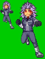 Rule 34 | 1girl, artist request, black gloves, clenched hand, dorohedoro, gloves, light purple hair, looking at viewer, lowres, noi (dorohedoro), pixel art, red eyes, spiked hair, standing, track suit, zoom layer