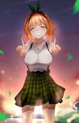 Rule 34 | 1girl, blush, bow, breasts, checkered clothes, checkered skirt, closed eyes, double v, falling leaves, go-toubun no hanayome, green ribbon, grin, hair between eyes, hair ribbon, highres, landscape, large breasts, leaf, long sleeves, nakano yotsuba, night, night sky, orange hair, outstretched arms, ribbon, shirt, short hair, skirt, sky, smile, solo, spanish commentary, standing, suspender skirt, suspenders, thighs, v, water, white shirt, z arts96