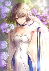 Rule 34 | 1girl, blue choker, blue ribbon, blurry, blurry background, blush, breasts, brown eyes, brown hair, choker, cleavage, depth of field, dress, flower, girls&#039; frontline, hair between eyes, hands up, head tilt, looking at viewer, medium breasts, melings (aot2846), official alternate costume, parted lips, purple flower, ribbon, see-through, short hair, solo, standing, strapless, strapless dress, vector (ardent devotion) (girls&#039; frontline), vector (girls&#039; frontline), veil, white dress