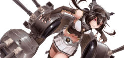 Rule 34 | 10s, 1girl, bad id, bad pixiv id, bare shoulders, black hair, cannon, elbow gloves, fingerless gloves, gloves, hair ornament, hairband, headgear, kantai collection, long hair, nagato (kancolle), navel, pectong, red eyes, simple background, skirt, solo, thighhighs, white background