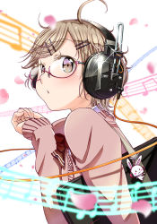 Rule 34 | bag, bow, cherry blossoms, glasses, hair ornament, hairpin, headphones, charm (object), musical note, original, quaver, red-framed eyewear, sheet music, short hair, solo, staff (music), sweater, wadapen, white background