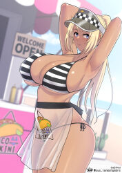 Rule 34 | 1girl, apron, armpits, arms up, beach, bikini, blonde hair, blue eyes, breasts, cleavage, covered erect nipples, dark-skinned female, dark skin, food stand, gyaru, halterneck, highres, huge breasts, lips, looking at viewer, navel, original, outdoors, ponytail, presenting armpit, see-through, see-through apron, side-tie bikini bottom, skindentation, smile, solo, standing, stomach, striped bikini, striped clothes, sueyuu, swimsuit, taco, tan, thick thighs, thighs, underboob, visor cap
