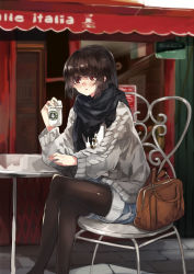 Rule 34 | 1girl, alternate costume, bag, black hair, black pantyhose, brown eyes, casual, chair, coffee cup, contemporary, crossed arms, cup, disposable cup, handbag, holding, ken (coffee michikusa), looking at viewer, pantyhose, parted lips, scarf, shameimaru aya, short hair, shorts, sitting, solo, starbucks, sweater, table, touhou