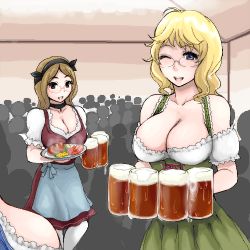 Rule 34 | 2girls, alcohol, apron, bad id, bad pixiv id, beer, beer mug, blonde hair, blue eyes, breasts, brown hair, choker, cleavage, cup, dirndl, german clothes, glasses, hairband, large breasts, lowres, mug, multiple girls, one eye closed, original, supopo (pi4v2000), traditional clothes, underbust, waist apron, waitress, wink