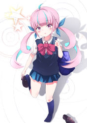 Rule 34 | 1girl, :o, absurdres, adjusting footwear, ahoge, bag, blue hair, blue skirt, blue socks, blue vest, blunt bangs, blush, braid, collared shirt, colored inner hair, drill hair, french braid, fumi (fumibeing), highres, hololive, kneehighs, loafers, long hair, looking at viewer, minato aqua, miniskirt, multicolored hair, open mouth, pleated skirt, purple eyes, purple hair, school bag, school uniform, shirt, shoes, short sleeves, skirt, socks, solo, streaked hair, surprised, sweater vest, twin braids, twin drills, twintails, two-tone hair, vest, virtual youtuber, white shirt