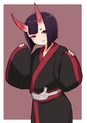 Rule 34 | 1girl, black kimono, brown background, fang, fate/grand order, fate (series), hands up, highres, horns, i.u.y, japanese clothes, kimono, long sleeves, looking at viewer, oni, parted lips, pinching sleeves, purple eyes, purple hair, short eyebrows, short hair, shuten douji (fate), skin-covered horns, sleeves past wrists, smile, solo, thick eyebrows, two-tone background, white background, wide sleeves