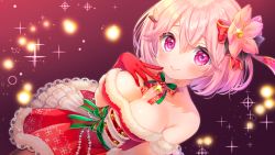 Rule 34 | 1girl, :&gt;, bad id, bad pixiv id, bare shoulders, bell, blush, bow, breasts, choker, christmas, cleavage, commentary request, copyright request, dress, flower, fur-trimmed dress, fur-trimmed gloves, fur trim, gloves, green ribbon, hair flower, hair ornament, hand on own chest, indie virtual youtuber, komachi pochi, looking at viewer, medium breasts, neck bell, official art, pink eyes, pink flower, pink hair, red bow, red dress, red gloves, red ribbon, ribbon, ribbon choker, sakurai yui (virtual youtuber), santa dress, short hair, solo, sparkle, striped ribbon, virtual youtuber