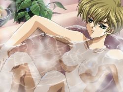 Rule 34 | 1girl, androgynous, armpits, bath, bathtub, blonde hair, bowl, breasts, carnelian, frown, game cg, green eyes, nipples, nude, ono ikumi, plant, re leaf, short hair, sitting, solo, steam, submerged, water, wet, wet hair