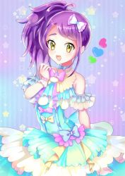 Rule 34 | 1girl, 808taro, :d, antenna hair, arm strap, bad id, bad twitter id, blue bow, blue dress, bow, bowtie, dress, hair bow, high ponytail, layered dress, long hair, looking at viewer, open mouth, pink bow, pretty series, pripara, purple hair, side ponytail, smile, solo, standing, striped, striped background, toudou shion, white bow, wrist cuffs, yellow eyes