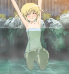 Rule 34 | 1girl, armpits, barefoot, blonde hair, blush, closed eyes, feet, hayate no gotoku!, highres, sanzen&#039;in nagi, screencap, short twintails, soles, stitched, stretching, third-party edit, toe scrunch, toes, towel, twintails, water