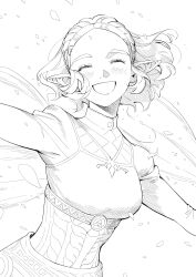 Rule 34 | 1girl, blush, braid, breasts, closed eyes, crown braid, eyelashes, facing viewer, floating hair, hair ornament, hairclip, happy, highres, korean commentary, laughing, long sleeves, monochrome, nintendo, open mouth, outstretched arms, petals, princess zelda, short hair, sia 2dductility, solo, spread arms, the legend of zelda, the legend of zelda: tears of the kingdom, triforce, upper body, wind