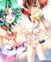 Rule 34 | 1boy, 2girls, artist name, bare shoulders, blonde hair, blue eyes, blush, breasts, brown hair, cleavage, closed mouth, commentary request, covered collarbone, covered navel, earrings, eiji shinjo, ellis (toushinden), fang, fingerless gloves, gloves, green eyes, green hair, hand on own hip, headband, high ponytail, highleg, highleg leotard, highres, holding, holding weapon, jewelry, large breasts, leotard, lips, long hair, looking at viewer, multiple girls, open mouth, parted lips, ponytail, purple eyes, short hair, signature, simple background, smile, sofia (toushinden), strapless, strapless leotard, thighs, toushinden, turtleneck, upper body, v, weapon, whip, white leotard, wpdh4443