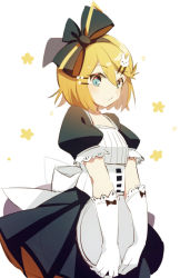 Rule 34 | 1girl, aqua eyes, black bow, blonde hair, blue eyes, blush, bow, breasts, chi ya, cowboy shot, dress, from side, gloves, hair between eyes, hair bow, hair ornament, hairclip, highres, kagamine rin, looking at viewer, puffy short sleeves, puffy sleeves, rabbit hair ornament, short hair, short sleeves, simple background, small breasts, solo, tray, vocaloid, white background, white gloves