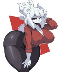 Rule 34 | 1girl, absurdres, ass, black pants, breasts, cleavage, curvy, eric lowery, furry, goat girl, goat tail, helltaker, highres, horns, huge ass, huge breasts, looking at viewer, lucifer (helltaker), pants, red eyes, red shirt, shirt, solo, thick thighs, thighs, tight, tight pants, white hair, wide hips
