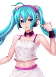 Rule 34 | 1girl, absurdres, ahoge, aqua eyes, aqua hair, arm up, blush, breasts, camisole, choker, closed mouth, crop top, crop top overhang, hair ornament, hatsune miku, headphones, highres, long hair, mhg (hellma), midriff, miniskirt, navel, redial (vocaloid), shirt, skirt, sleeveless, sleeveless shirt, small breasts, smile, solo, transparent background, twintails, very long hair, vocaloid, white background, white shirt, wristband