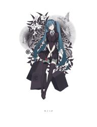 Rule 34 | 1girl, amplifier, black footwear, black skirt, black thighhighs, blue hair, bug, butterfly, cardigan, closed eyes, closed mouth, copyright name, floral background, flower, full body, hatsune miku, headset, highres, holding, holding flower, insect, loafers, long hair, pleated skirt, red flower, saihate (vocaloid), shoes, simple background, skirt, solo, song name, spencer sais, standing, thighhighs, twintails, vocaloid, white background, zettai ryouiki