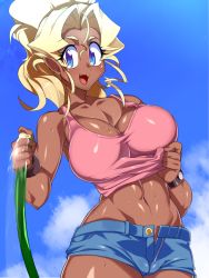 Rule 34 | 1girl, :d, ahoge, armpits, blonde hair, blue eyes, blue shorts, blush, breasts, cameltoe, cleavage, clothes lift, cloud, collarbone, cowboy shot, dark-skinned female, dark skin, day, denim, denim shorts, eyes visible through hair, fangs, female focus, groin, hair between eyes, happy, high ponytail, hip focus, holding, hose, kuramitsu mihoshi, large breasts, leaning, lifting own clothes, long hair, looking at viewer, midriff, navel, open clothes, open fly, open mouth, open shorts, outdoors, pink shirt, ponytail, shiny skin, shirt, shirt lift, short shorts, shorts, sidelocks, sky, sleeveless, smile, solo, standing, sweat, tank top, tenchi muyou!, thighs, toned, unzipped, watch, water, wavy hair, wokashiya, wristband, wristwatch