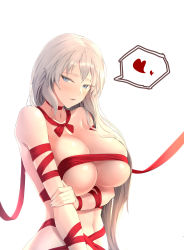 Rule 34 | 1girl, absurdres, arm under breasts, bare shoulders, blue eyes, blush, breasts, collarbone, hair between eyes, heart, highres, large breasts, limeblock, long hair, looking at viewer, naked ribbon, navel, neck ribbon, original, parted lips, priana, red ribbon, ribbon, silver hair, simple background, solo, spoken heart, white background