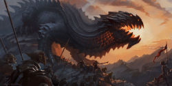 Rule 34 | banner, commentary, day, dragon, english commentary, fantasy, from side, glaurung, goblin, holding, holding sword, holding weapon, tolkien&#039;s legendarium, markus erdt, no humans, orange sky, orc, outdoors, sky, sword, the silmarillion, weapon