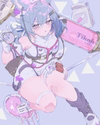 Rule 34 | 1girl, animal ears, arumu, bandaged head, bandages, blood, bloody bandages, blue hair, blush, dress, erune, from above, gloves, granblue fantasy, hair ornament, hairclip, halloween costume, hat, highres, holding, holding stethoscope, holding syringe, holster, large syringe, looking at viewer, looking up, low twintails, nurse, nurse cap, official alternate costume, open mouth, oversized object, pouch, purple eyes, purple socks, short dress, sitting, socks, solo, stethoscope, syringe, thigh holster, thigh strap, thighs, tikoh, tikoh (halloween), twintails, white dress, white gloves