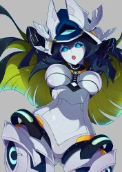 Rule 34 | 1girl, android, arms behind head, blue eyes, blush, breasts, code maya, elsword, female focus, highres, large breasts, looking at viewer, robot, simple background, solo, surprised, toned, waero, wide hips