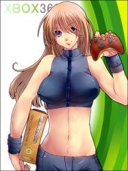 Rule 34 | 1girl, alternate color, alternate eye color, alternate hair color, bad id, bad pixiv id, bare shoulders, blonde hair, blue eyes, border, breasts, brown hair, console, controller, covered erect nipples, cowboy shot, game console, game controller, hair over one eye, hand up, holding, large breasts, light brown hair, light smile, long hair, looking at viewer, metroid, metroid (creature), metroid fusion, microsoft, midriff, navel, nintendo, outline, purple eyes, ran komomo, samus aran, short shorts, shorts, smile, solo, sports bra, strapless, tube top, turtleneck, wristband, xbox 360