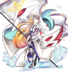 Rule 34 | 1girl, :o, armor, armored corset, armored dress, banner, bare shoulders, blonde hair, blue eyes, breasts, creatures (company), crossover, dress, fate/grand order, fate (series), faulds, flag, full body, gallade, game freak, gauntlets, gen 4 pokemon, greaves, headpiece, holding, holding poke ball, jeanne d&#039;arc (fate), jeanne d&#039;arc (ruler) (fate), jeanne d&#039;arc (third ascension) (fate), long hair, medium breasts, mega gallade, mega pokemon, mirui, nintendo, open mouth, poke ball, poke ball (basic), pokemon, pokemon (creature), very long hair, white background, white dress