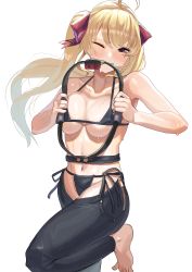 Rule 34 | 1girl, absurdres, ahoge, barefoot, belt, bikini, black bikini, black pants, blonde hair, blush, breasts, breasts squeezed together, clenched teeth, collarbone, crotchless, crotchless pants, hair ribbon, highres, joy-con, koiso usu, large breasts, leg up, long hair, micro bikini, navel, nijisanji, one eye closed, pants, purple eyes, red ribbon, revealing clothes, ribbon, ring-con, ring fit adventure, side-tie bikini bottom, simple background, solo, sweat, swimsuit, takamiya rion, teeth, twintails, virtual youtuber, white background, wince, zipper, zipper pull tab