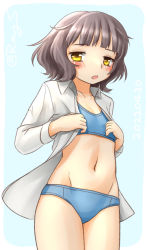 Rule 34 | 1girl, ahoge, blue bra, blue panties, blunt bangs, bra, brown eyes, brown hair, commentary request, cowboy shot, dress shirt, groin, kantai collection, kishinami (kancolle), navel, one-hour drawing challenge, open clothes, open shirt, panties, ray.s, shirt, short hair, solo, sports bra, standing, underwear, wavy hair