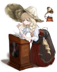 Rule 34 | 1girl, :o, absurdres, blonde hair, blouse, blue eyes, book, braid, center frills, commentary, english commentary, eyepatch, frills, gradient hair, highres, leaning forward, multicolored hair, open mouth, original, personification, phonograph, phonograph needle, podium, polyvora, record, red skirt, reference inset, sash, shirt, simple background, single braid, skirt, solo, white background, white shirt, writing