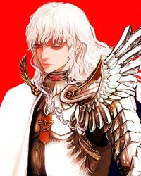 Rule 34 | 1boy, androgynous, armor, berserk, blue eyes, cape, griffith (berserk), lips, looking to the side, nisino2222, red background, shoulder armor, solo, wavy hair, white cape, white hair