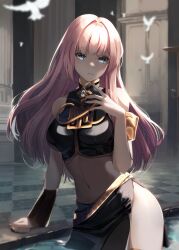 Rule 34 | 1girl, absurdres, bird, blue eyes, blush, breasts, crop top, expressionless, hair between eyes, hand on own chest, highres, long hair, looking at viewer, medium breasts, megurine luka, navel, partially submerged, pink hair, project sekai, skirt, thighhighs, thighs, vocaloid, yen-mi