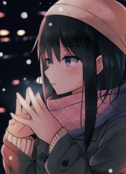Rule 34 | 1girl, :o, black hair, blue eyes, blush, coat, commentary request, fingernails, grey coat, hair between eyes, hands up, hat, long hair, long sleeves, looking away, original, parted lips, pink scarf, scarf, solo, steepled fingers, upper body, white hat, yuzuzukushi