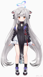 Rule 34 | 1girl, animal ear fluff, animal ears, black dress, black jacket, black socks, blue archive, blush, brown eyes, china dress, chinese clothes, dress, full body, grey hair, halo, jacket, kei kei, kokona (blue archive), legs, long hair, looking at viewer, miniskirt, multicolored hair, off shoulder, pleated skirt, shoes, skirt, sleeveless, sleeveless dress, socks, solo, standing, streaked hair, striped clothes, striped dress, thighs, tiger ears, tiger girl, vertical-striped clothes, vertical-striped dress, very long hair, white footwear, white skirt