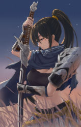 Rule 34 | 1girl, absurdres, black hair, breasts, cape, cleavage, gender request, genderswap, grass, highres, league of legends, midriff, navel, night, ponytail, shiko (pixiv3834224), solo, sword, weapon, yasuo (league of legends)