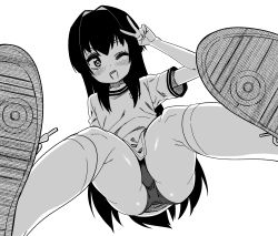 Rule 34 | 1boy, arm behind back, black hair, buruma, commentary request, from below, greyscale, highres, kneehighs, long hair, looking at viewer, male focus, monochrome, one eye closed, open mouth, original, pigeon-toed, shinagawa mikuzu, shirt, shoes, simple background, sneakers, socks, solo, trap, v