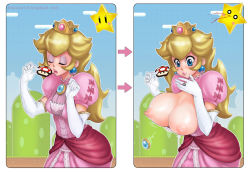 Rule 34 | 1girl, alternate breast size, arrow (symbol), blonde hair, bloocarrot, blood, blue eyes, blue sky, blush, blush stickers, bow, breast expansion, breasts, breasts out, brooch, bursting breasts, cleavage, closed eyes, cloud, cookie, cowboy shot, crown, crumbs, curvy, day, dress, earrings, eating, elbow gloves, eyeshadow, floating, food, food on face, gameplay mechanics, gloves, huge breasts, jewelry, lips, long hair, makeup, mario (series), medium breasts, mountain, mushroom, nintendo, nipples, nosebleed, o o, outdoors, pink dress, pink lips, princess, princess peach, puffy short sleeves, puffy sleeves, ring, short shorts, short sleeves, shorts, sky, solo, star (symbol), super mushroom, super star, super star (mario), surprised, watermark, web address, white gloves, | |