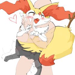 Rule 34 | 1boy, 1girl, :3, absurdres, afterimage, animal ear fluff, animal ears, animal feet, animal hands, animal nose, bald, blush, body fur, braixen, claws, collarbone, completely nude, creatures (company), fangs, flat chest, fox ears, fox girl, fox tail, furry, furry female, furry with non-furry, game freak, gen 6 pokemon, hand on another&#039;s cheek, hands up, happy, heart, hetero, highres, holding, holding pokemon, hug, hug from behind, interspecies, motion lines, multicolored fur, neck fur, nintendo, nude, open mouth, pokemon, pokemon (creature), pokephilia, red eyes, red fur, red leopard, simple background, smile, snout, solo focus, standing, stick, tail, tongue, white background, white fur, x-ray, yellow fur