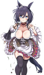 1girl, :o, absurdres, animal ears, bangs, black hair, black legwear, black sleeves, blue eyes, blush, breasts, cleavage, collarbone, commentary request, detached sleeves, eishin flash (umamusume), eyebrows visible through hair, feet out of frame, frilled skirt, frilled sleeves, frills, hair between eyes, highres, horse ears, horse girl, horse tail, juliet sleeves, large breasts, long sleeves, looking at viewer, parted lips, pizzasi, puffy sleeves, running, shirt, short hair, simple background, skirt, solo, striped, striped shirt, sweat, tail, thighhighs, umamusume, v-shaped eyebrows, vertical-striped shirt, vertical stripes, white background, white shirt, wide sleeves