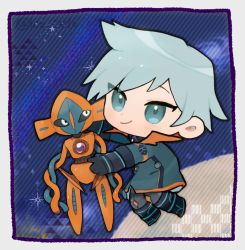 Rule 34 | 1boy, black footwear, black gloves, black jacket, black pants, blue eyes, boots, chibi, closed mouth, commentary request, creatures (company), deoxys, deoxys (normal), game freak, gen 3 pokemon, gloves, grey hair, highres, jacket, kiduta cielo, knee boots, long sleeves, male focus, mythical pokemon, nintendo, pants, pokemon, pokemon (creature), pokemon masters ex, smile, steven stone, steven stone (sygna suit)