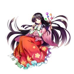 Rule 34 | 1girl, black hair, bow, bowtie, branch, closed mouth, full body, game cg, highres, holding, holding branch, houraisan kaguya, jeweled branch of hourai, long hair, long skirt, looking at viewer, pink shirt, red eyes, red skirt, rotte (1109), shirt, simple background, skirt, smile, solo, third-party source, touhou, touhou lostword, very long hair, white background, white bow, white bowtie