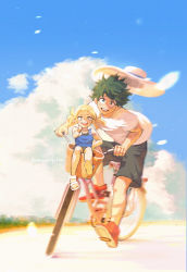 Rule 34 | 1boy, 1girl, absurdres, artist name, basket, bicycle, black shorts, blonde hair, boku no hero academia, boku no hero academia: heroes rising, child, cloud, day, freckles, green hair, hat, highres, looking at viewer, messy hair, midoriya izuku, open mouth, outdoors, petals, pointing, pointing at viewer, red footwear, riding, riding bicycle, shimano mahoro, shirt, shoes, short hair, shorts, sitting, smile, sun hat, teeth, twintails, upper teeth only, wengwengchim, white shirt