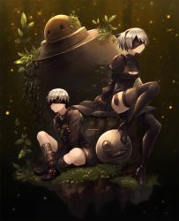 Rule 34 | 1boy, 1girl, android, arm support, bad id, bad pixiv id, belt, black dress, black thighhighs, blindfold, boots, breasts, buttons, choker, cleavage, cleavage cutout, clothing cutout, crossed legs, dress, emil (nier), gloves, high heel boots, high heels, highres, juliet sleeves, large breasts, leaf, light particles, long sleeves, machine, mask, mole, nier:automata, nier (series), outdoors, pale skin, plant, pod (nier:automata), puffy sleeves, short hair, shorts, sitting, sword, thigh boots, thighhighs, tree-raim, twintails, weapon, white hair, 2b (nier:automata), 9s (nier:automata)
